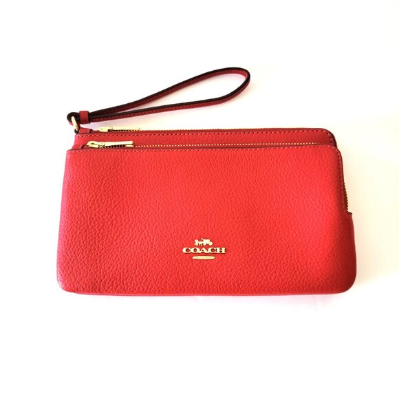 Coach CU919 Pebbled Leather Double Zip Wallet Clutch Wristlet True Red - Picture 4 of 8